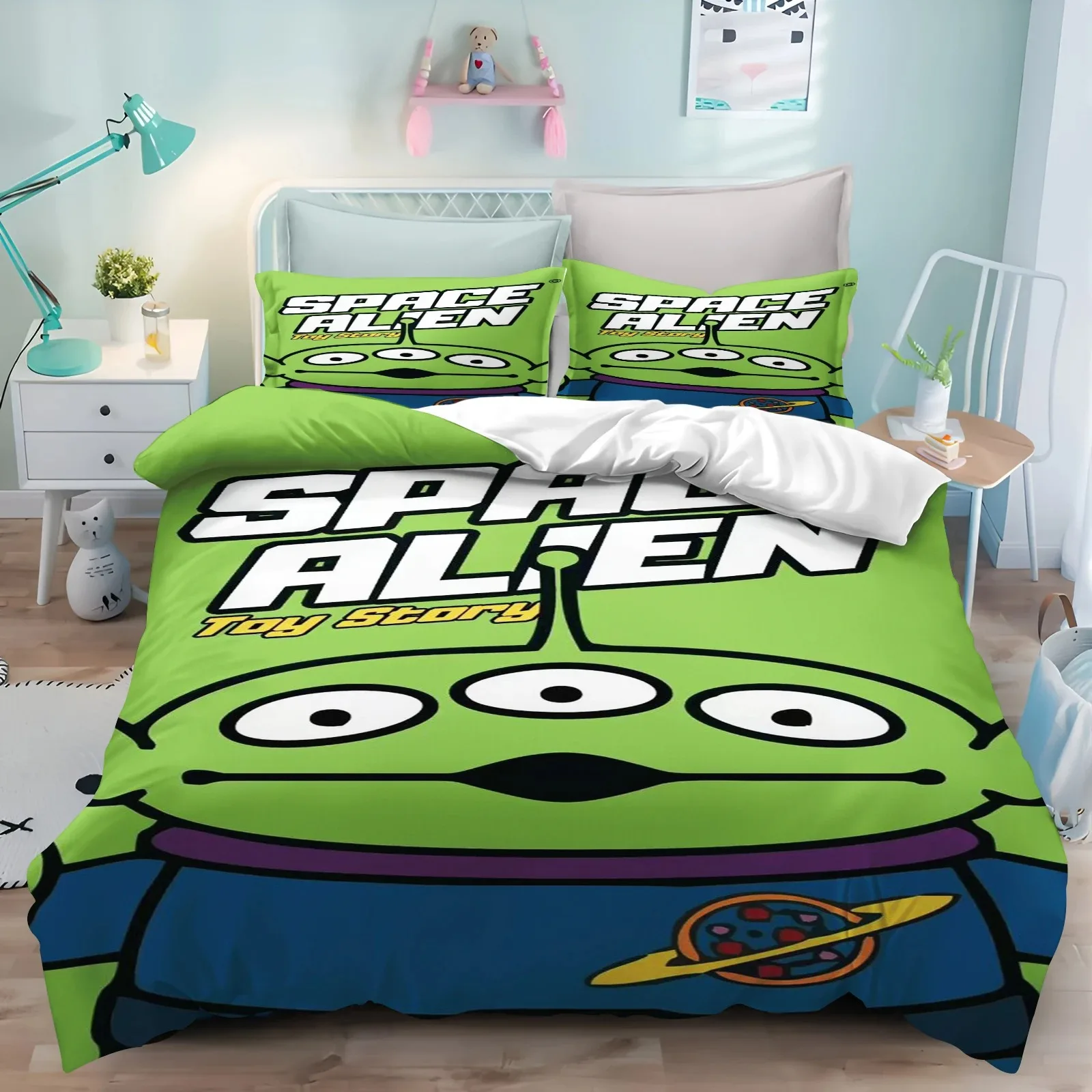 Cartoon Toy Story Alien Duvet Cover Pillowcase Large Bedding Set for Kids Teen Boys, Home Bedroom Decoration, 2/3pcs