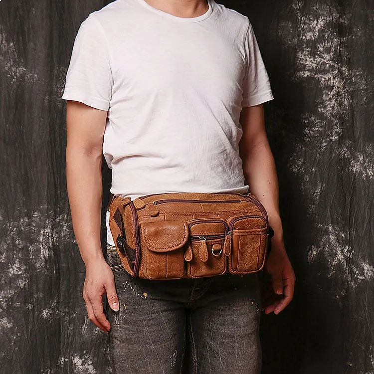 Vintage Men's Waist Bag Distressed Leather Women's Hiking Chest Bag Crossbody Shoulder Bag Genuine Cowhide