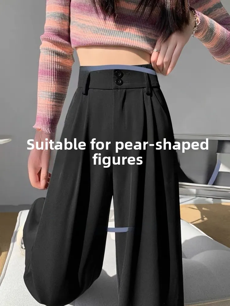 

Широкие брюки из ледяного шелка с высокой талией, женские летние тонкие свободные повседневные брюки небольшого размера, прямые брюки грушевого типа, облегающие брюки