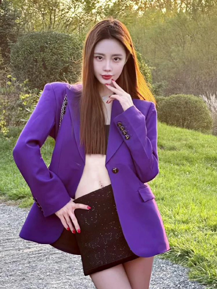 [oein] 2024 Autumn , High-end Temperament, Socialite Purple Explosive Street Suit Jacket, Spicy Girl For Women