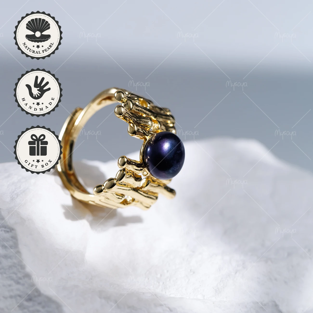 

Открытое кольцо MYSOYA с черным пресноводным жемчугом 8-9 мм, золотистый нерегулярный геометрический дизайн, в подарочной коробке, подарок на день рождения, подарок на День святого Валентина