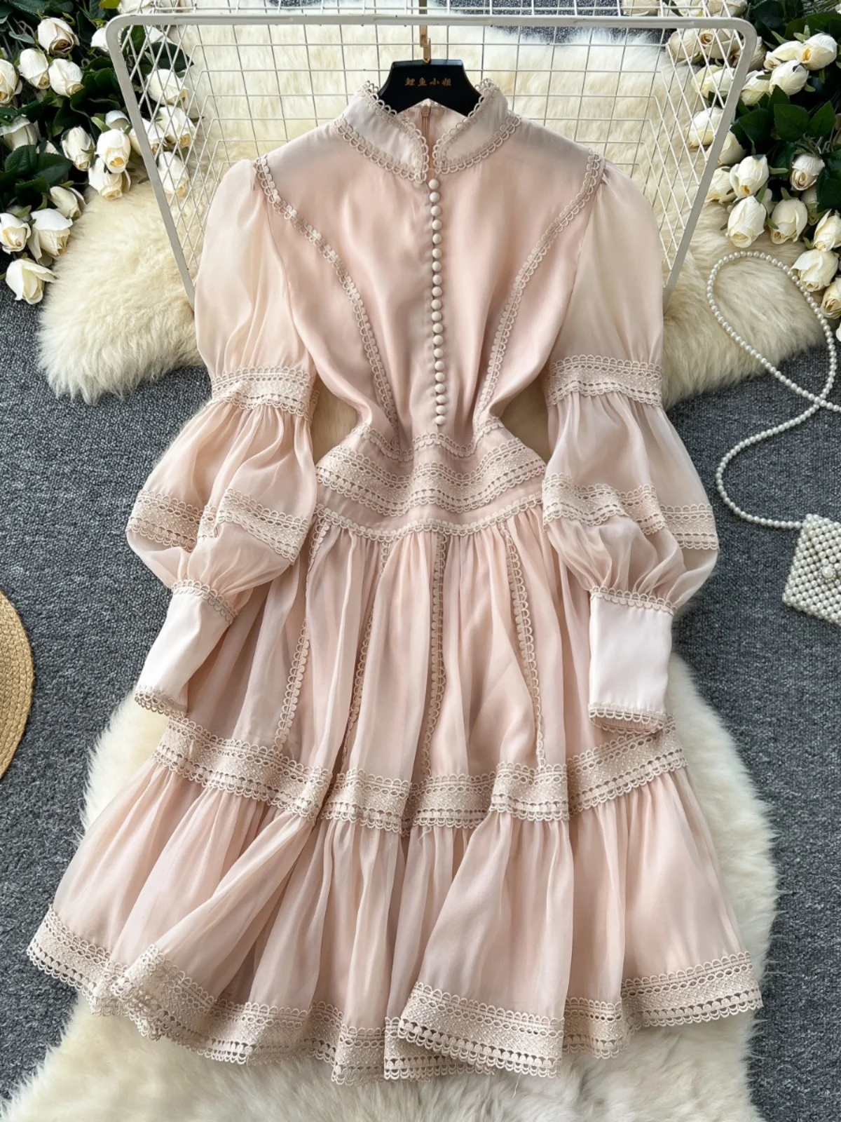 Luxury Short Dresses Shirt Women Spring Autumn Single Breasted Stand Collar Embroidered Crochet Formal Occasion Party Vestidos