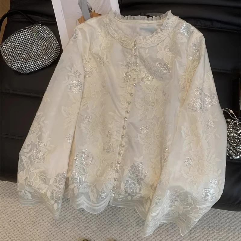 

Женская блузка с рюшами и кружевом, украшенная блестками и цветами, бежевая, для весны и осени, элегантная женская рубашка с бисером и пайетками