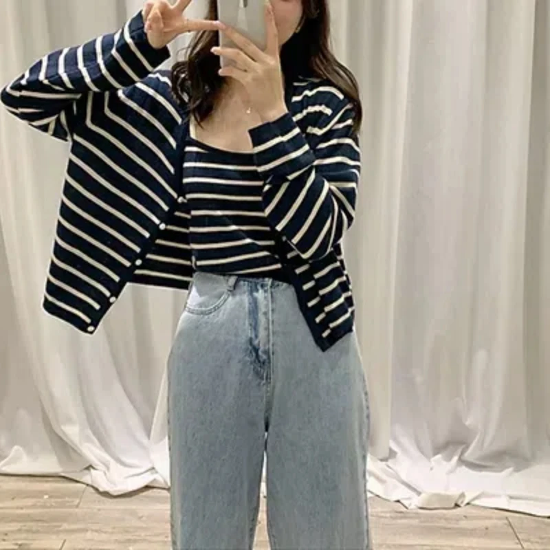 2024 Spring/Summer Striped Knitted Cardigan Camisole Vest Two Piece Set Women\'s Clothing Trendy Style Classic All-match Tops