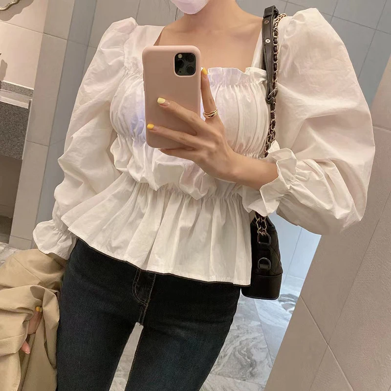 Korean Style Chic Square Collar Lace Tops Lady Spring Puff Long Sleeve White Shirt Sweet Edible Tree Fungus Pleated Short Blouse