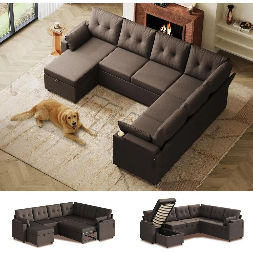 

7-Seat Sleeper Sofa with Storage Chaise, Pillows, Removable Cover, Cup Holders, USB Ports, Brown