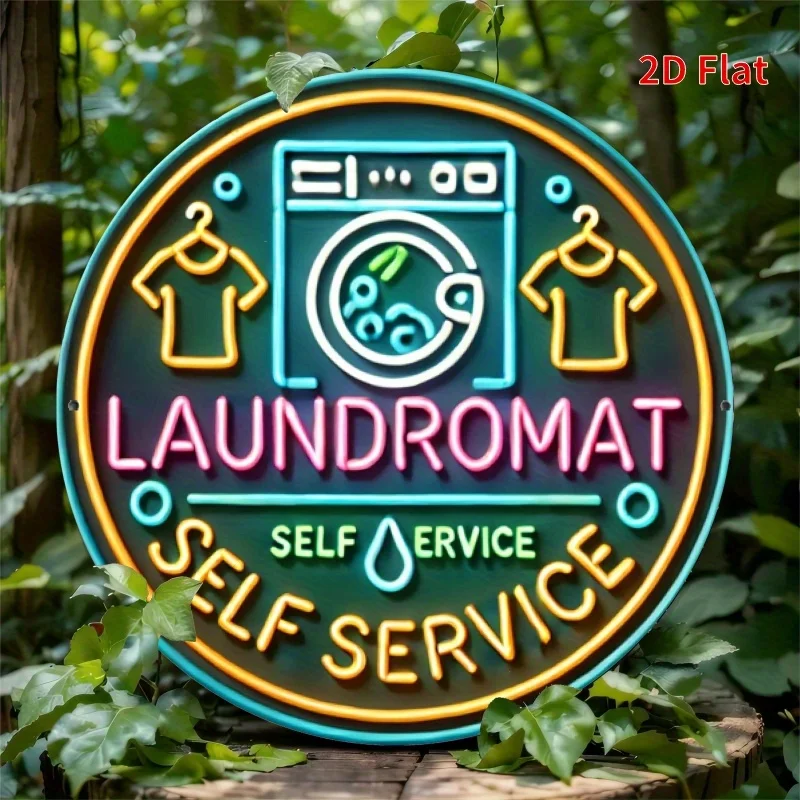 2D Retro Metal Tin Sign, Vintage 80s 90s Neon Laundry Wall Art, Aluminum Pre-Drilled Hanging, 8x8 Inch 20x20 cm, Home Bar Decor