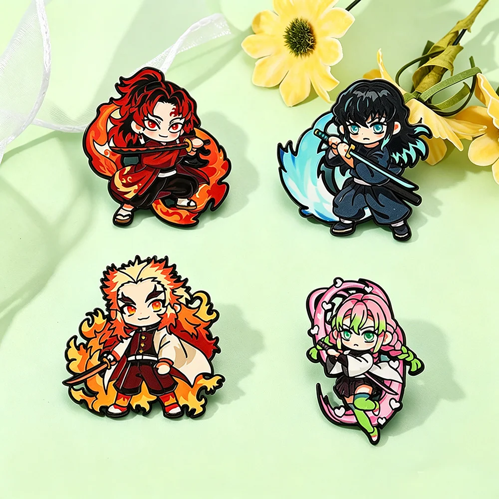 4 pzas. de broches de esmalte de anime Demon Slayer Kimetsu No Yaiba Rengoku Hashira para jeans, bolsos, solapas, insignias, regalos para fans