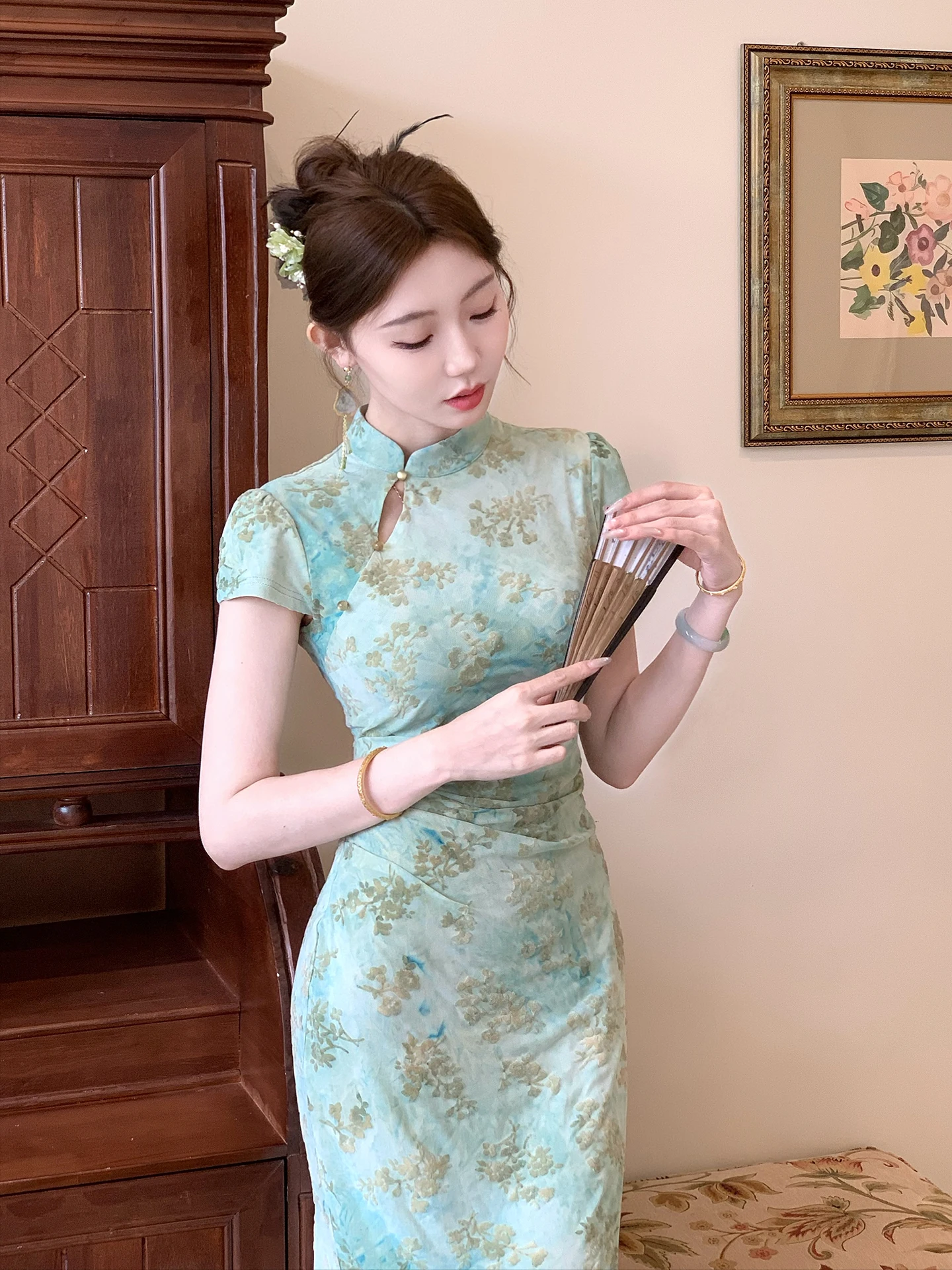 

Новый китайский Sle ретро диффузионный улучшенный женский ранняя осень с вышитым воротником-стойкой Dr миди с цветочным принтом Dr