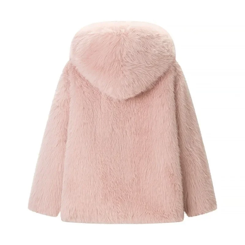 Elegant and Stylish Outerwear Bestsellers A New Pink Faux Fox Fur Hooded Loose Short Fur Coat for Women's Autumn Winter Fashion.