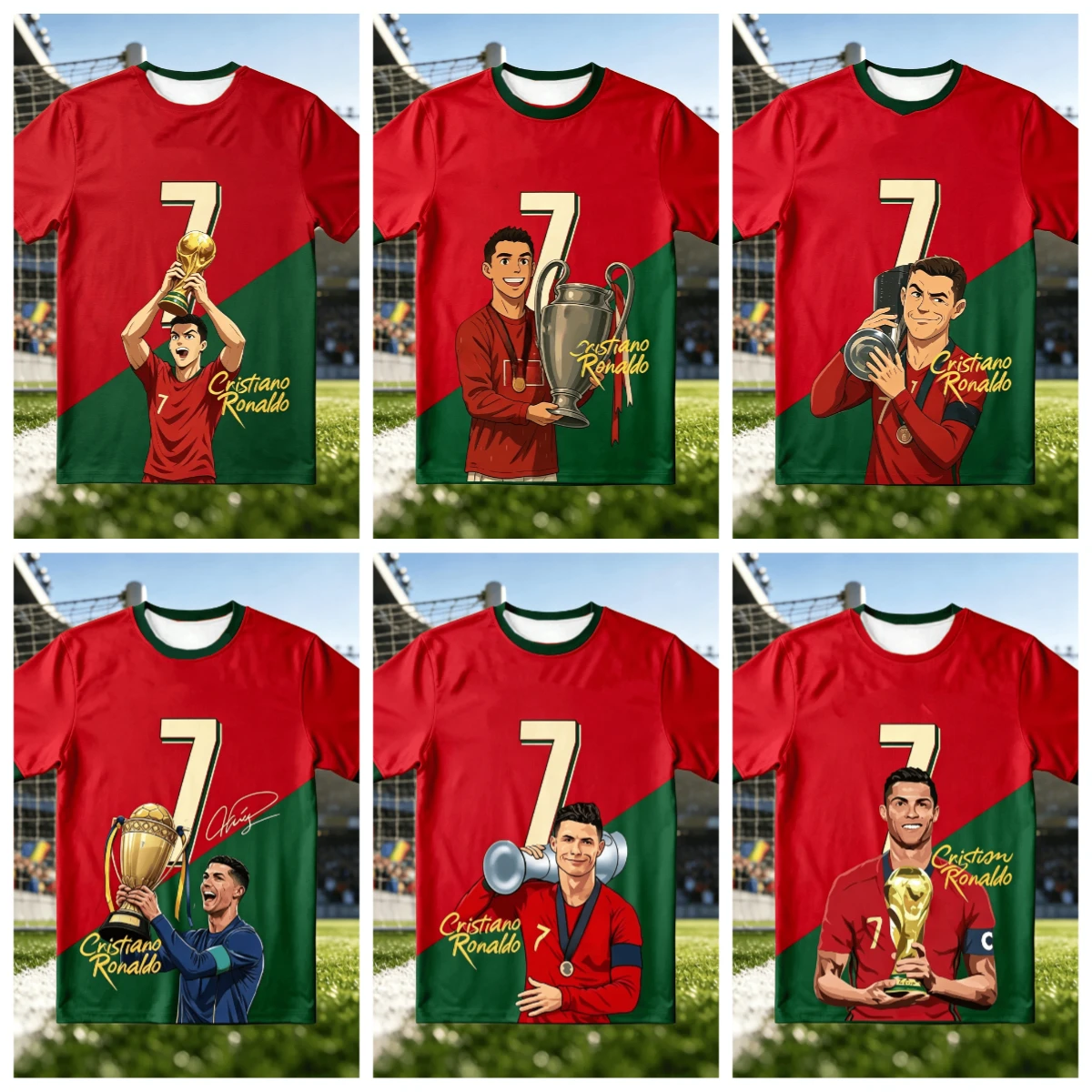 Crown Ronaldo! Ronaldo No. 7 Championship Adult and Children's Parent-Child 3D Printed Short Sleeve Support Sports Casual