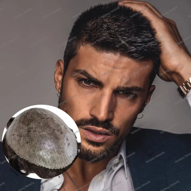 

100% Indian Human Hair Micro Skin Thin 0.1mm Injection pu men toupee #1b40#1b50 black gray men’s wig Invisible Natural Hairline