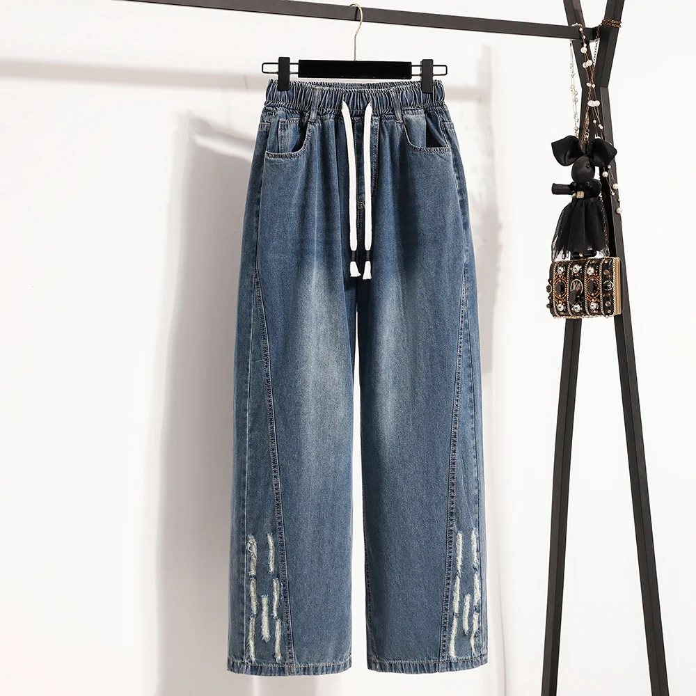 

High Waist Straight Leg Jeans Casual Loose Thin Washed Blue Cotton Polyester Blend Ladies Jeans plus Size Slimming Trousers