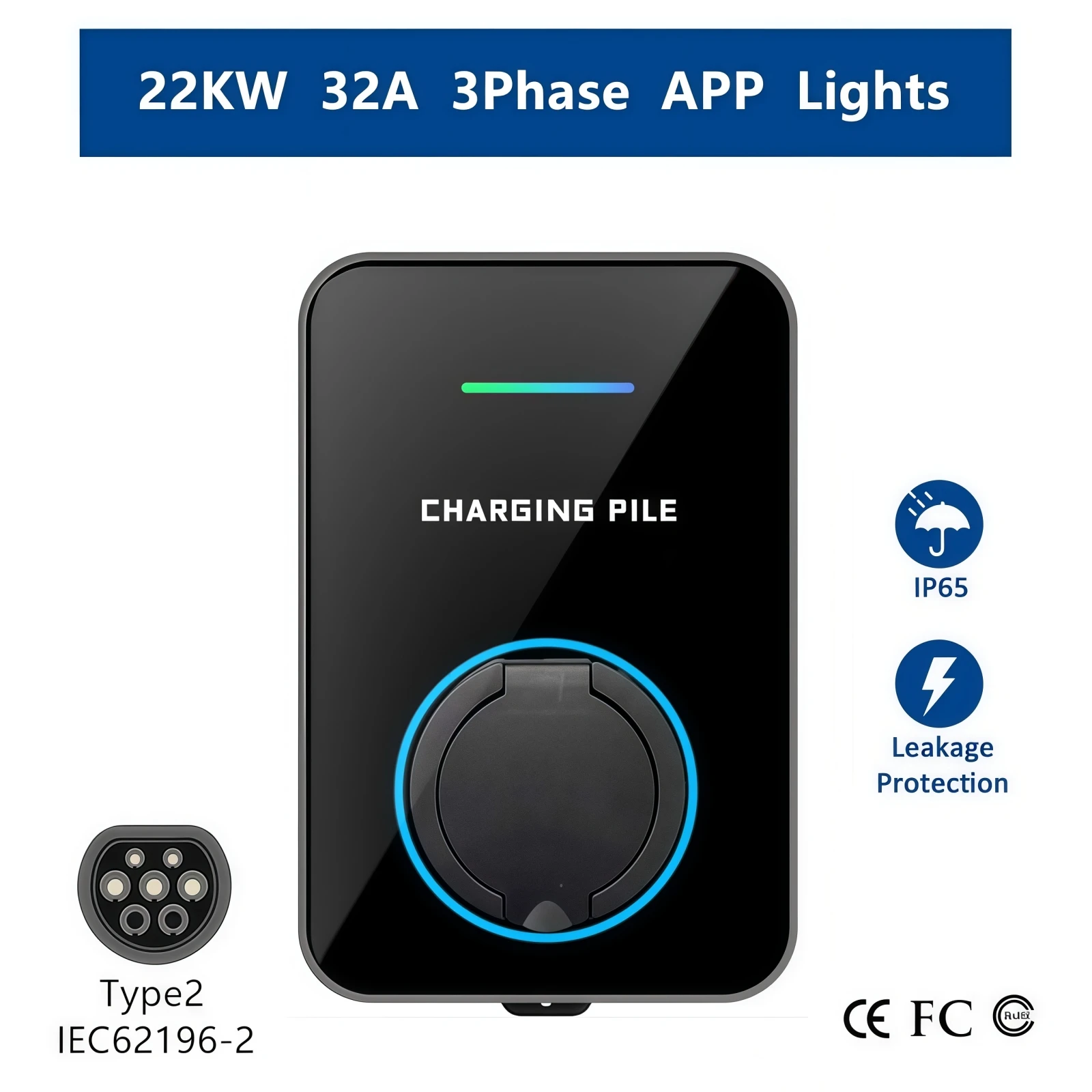 Nieuwe EV-lader Type 2 EVSE Wallbox 32A 7KW 22KW 16A 11KW 3-fasig IEC62196-2 Adapter APP-besturing voor elektrische auto's