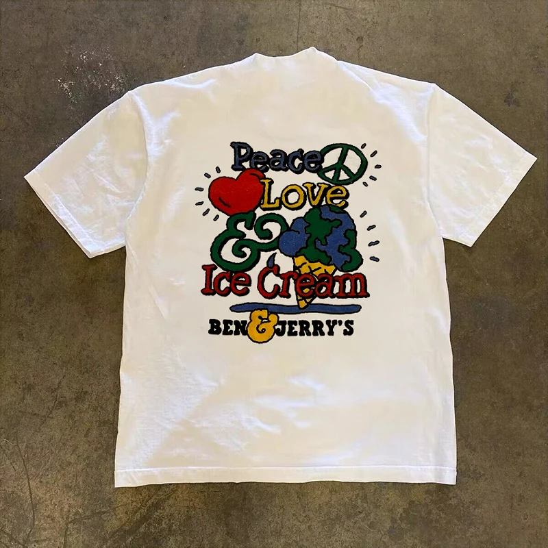 

Футболка Peac Love Ice Cream Summer, свободная, с коротким рукавом, круглым вырезом, для пар, женская, милая, универсальная, повседневная, хлопковая