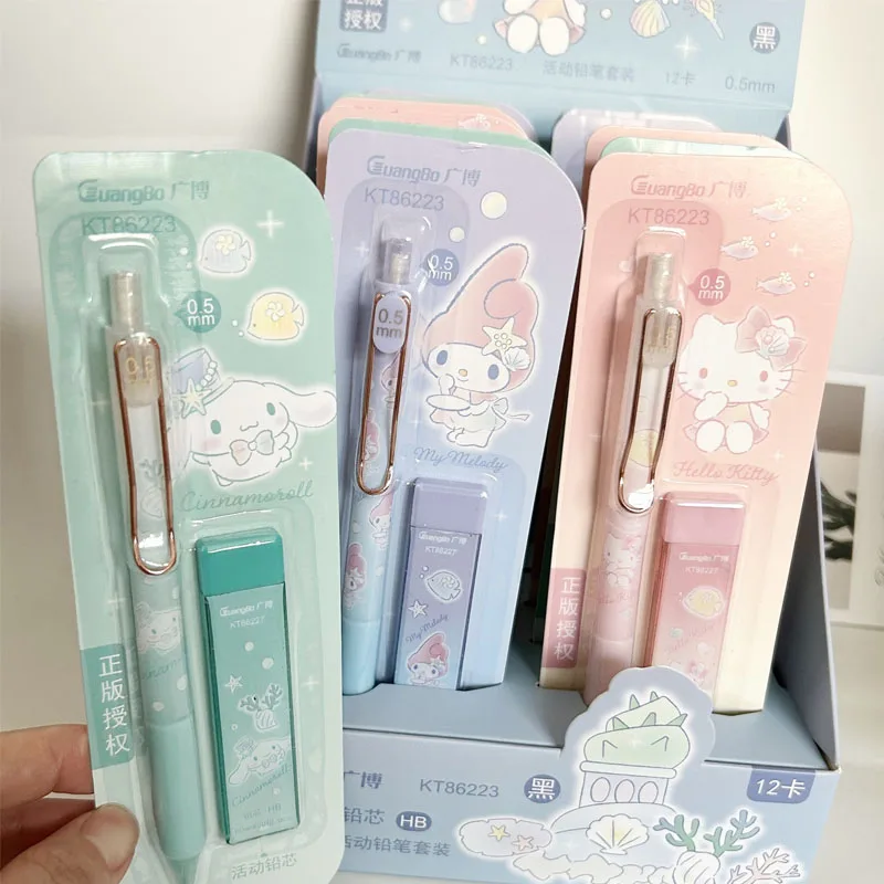 12card Sanrio Mechanical Pencil Set Anime Hello Kitty Cinnamoroll Melody Automatic Pencil Student School Stationery Supplies