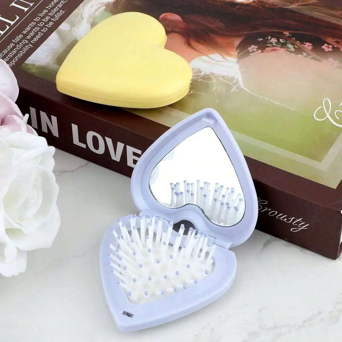 فرش شعر للسفر قابلة للطي بلمسة نهائية لامعة مع مرآة، فرشاة شعر صغيرة على شكل صدفة، مشط، فرش سفر للشعر للنساء والرجال #6