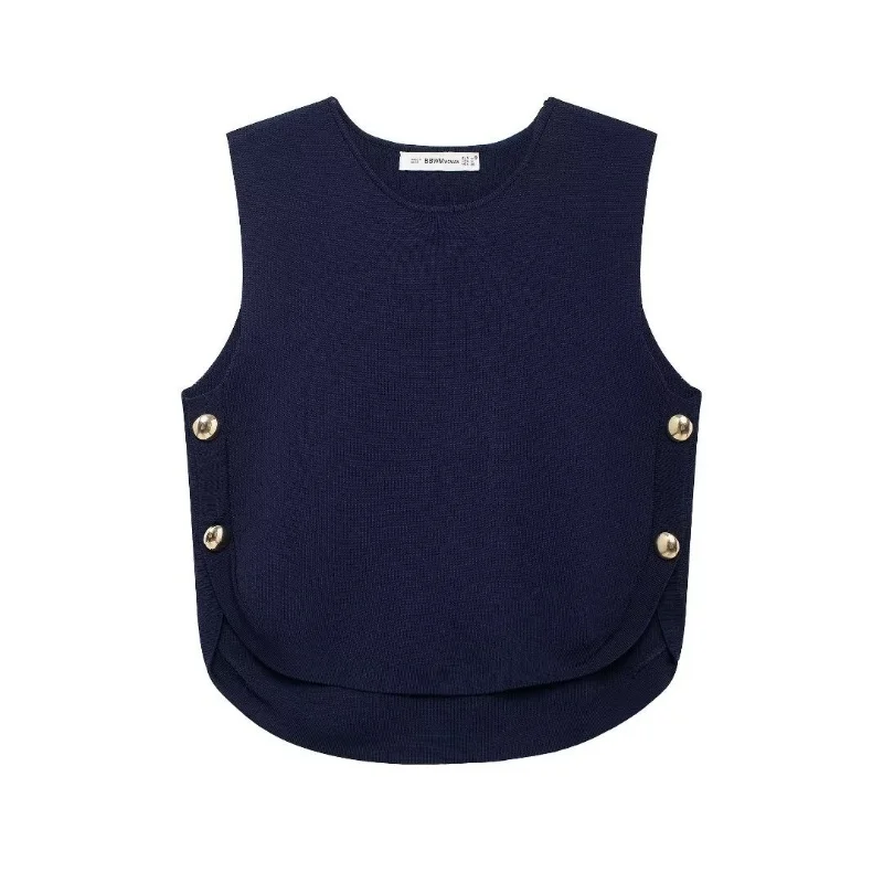 Autumn New O-Neck Loose Tank Top Women Comfortable Avant-garde Side Button Knit Vest Female Fashionable Street Sleeveless Tops