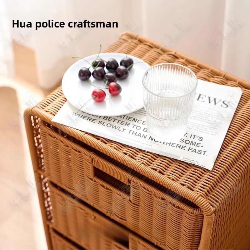 Rattan-Style Three-Tier Storage Cabinet Home Living Room Outdoor Garden Bedroom Floor Drawer