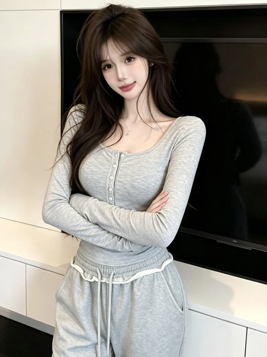 Slim Fit Long Sleeve U-Neck T-Shirt Korean Style Casual Versatile Breathable Casual Fashion Sexy Show Clavicle Autumn Top