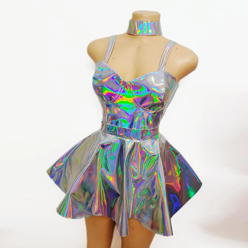 Boate gogo dança traje laser prata bodysuit saia conjunto cantor desempenho terno showgirl palco outfit vestidos de festa yj005