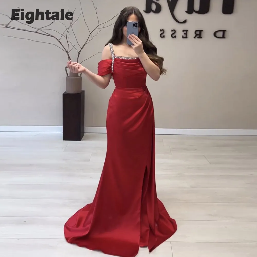 

Eightale Burgundy Evening Dress for Women Short Sleeves Beaded Satin Arabic Satin Mermaid Prom Party Gowns robe de soirée femme