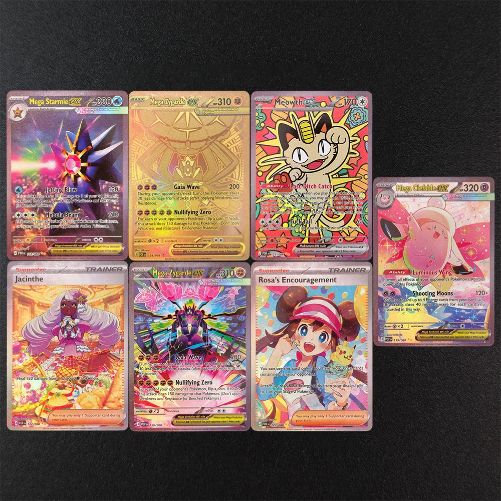 2026-cartas-pokemon-com-textura-diy-mega-starmie-zygarde-meowth-clefable-jacinthe-rosa's-encouragement-cartas-tcg-colecionaveis-de-anime