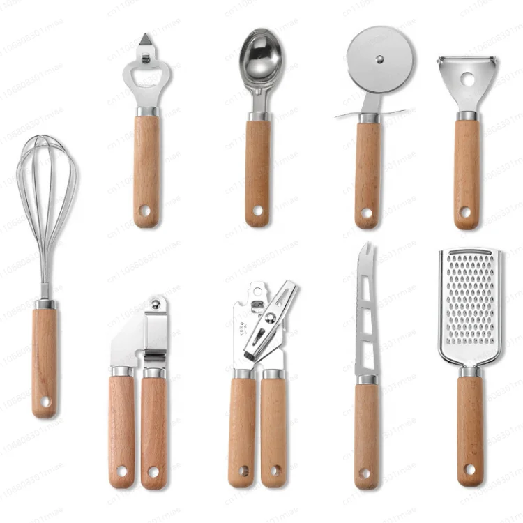 Hot Selling 9 Pieces Kitchen Cooking Appliance Set with Wooden Stand Egg Whisk and Cheese Slicer for Home Kitchen Use