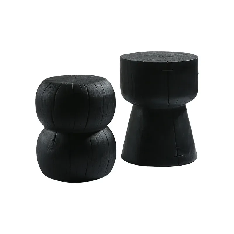 Round Solid Wood Tree Stump Coffee Table Charcoal Finish Chinese Style Creative Side Table for Hotel B&B Corner Decor