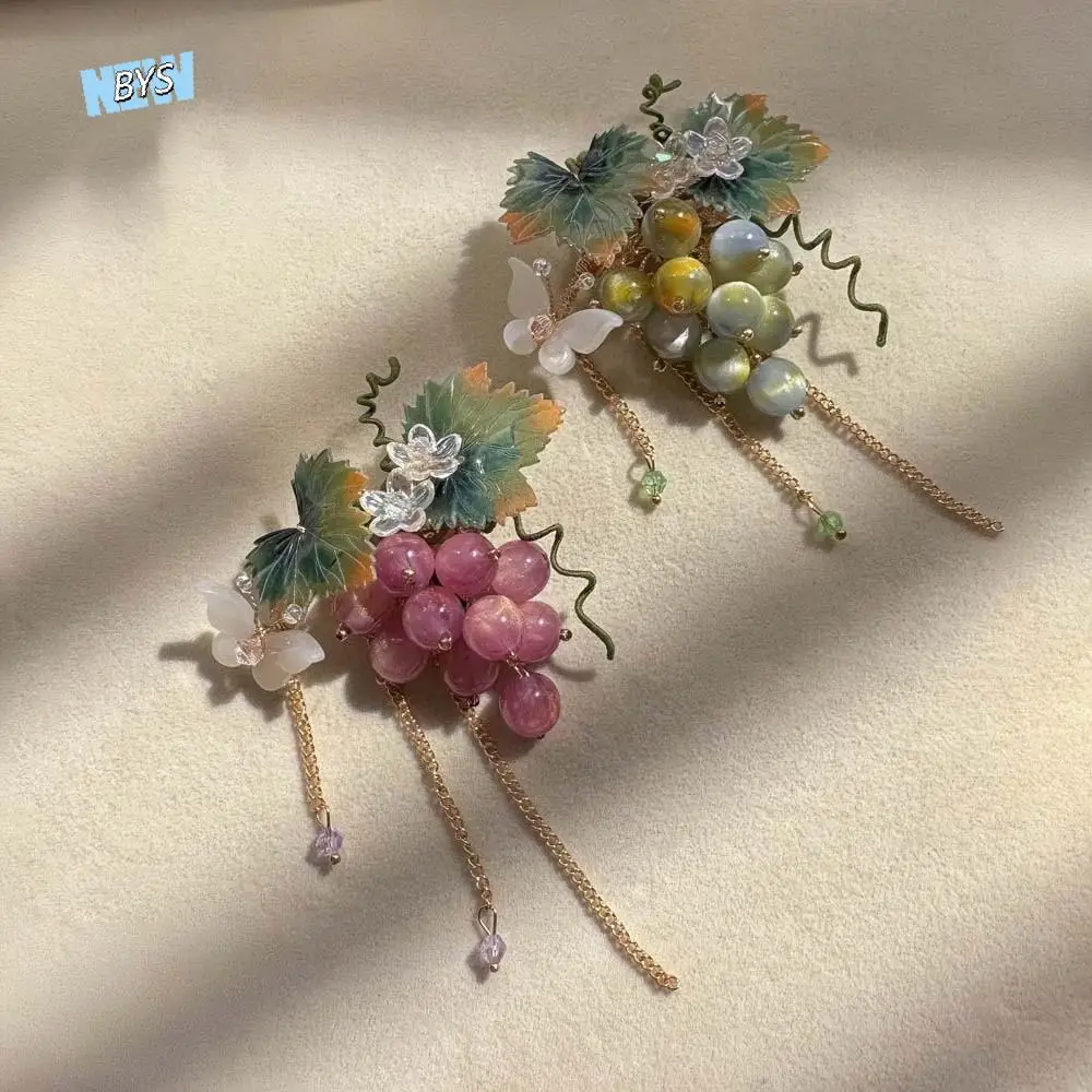 

Waterproof Grape Hair Clip Tassel Sweet Glass Beads Hairpins Hanfu Accessories Purple Chinese Style Side Clip