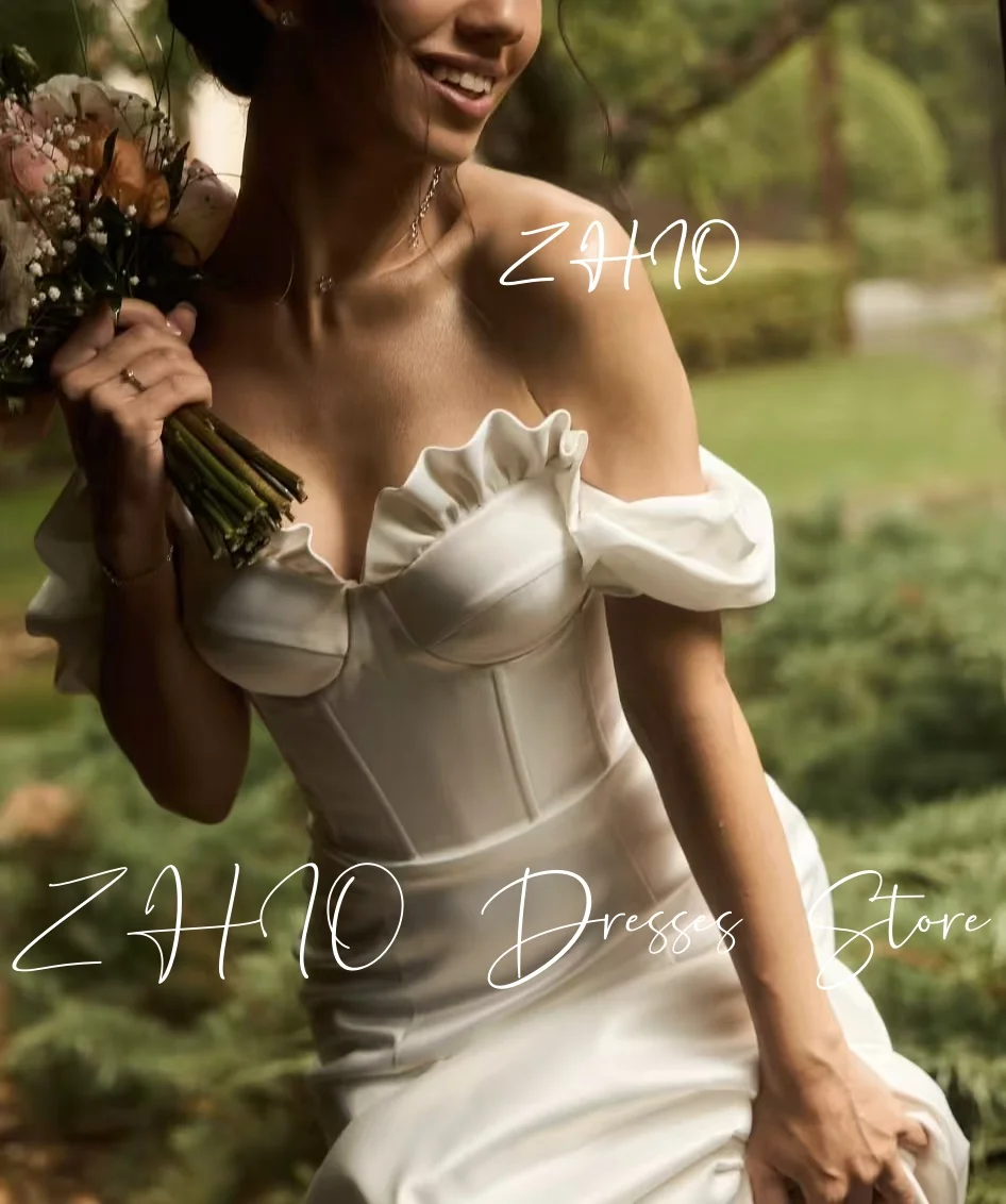 ZHIO فستان أنيق لحفلات الزفاف على شكل قلب بدون أكتاف مكشكش حورية البحر سويب تراين من الساتان فستان زفاف مخصص فيستدو دي نوفيا