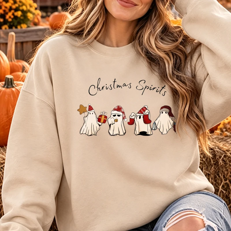 Christmas Spirits Four Cute Ghosts Santa Hat Gift Box Star Cookie Stocking Retro Xmas Letter Graphic Pullover Casual Winter Tops