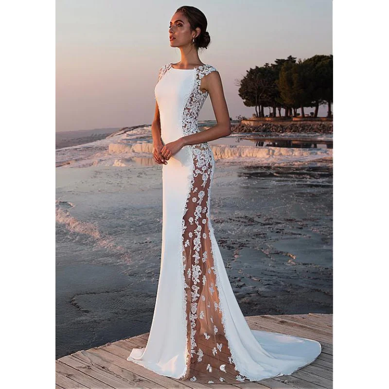 Elegant temperament evening dress with lace patchwork and extra long dress, sexy hollow out for women