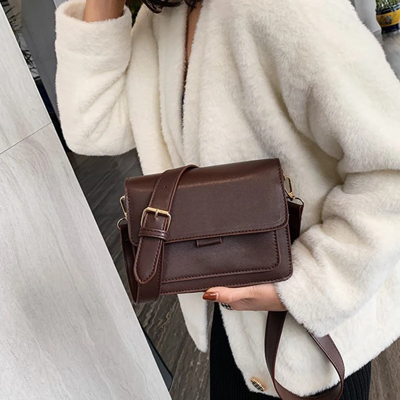 Simple Style Square Shoulder Bags for Women PU Leather Crossbody Messenger Bag Female Fashion Small Flap Handbag Purse