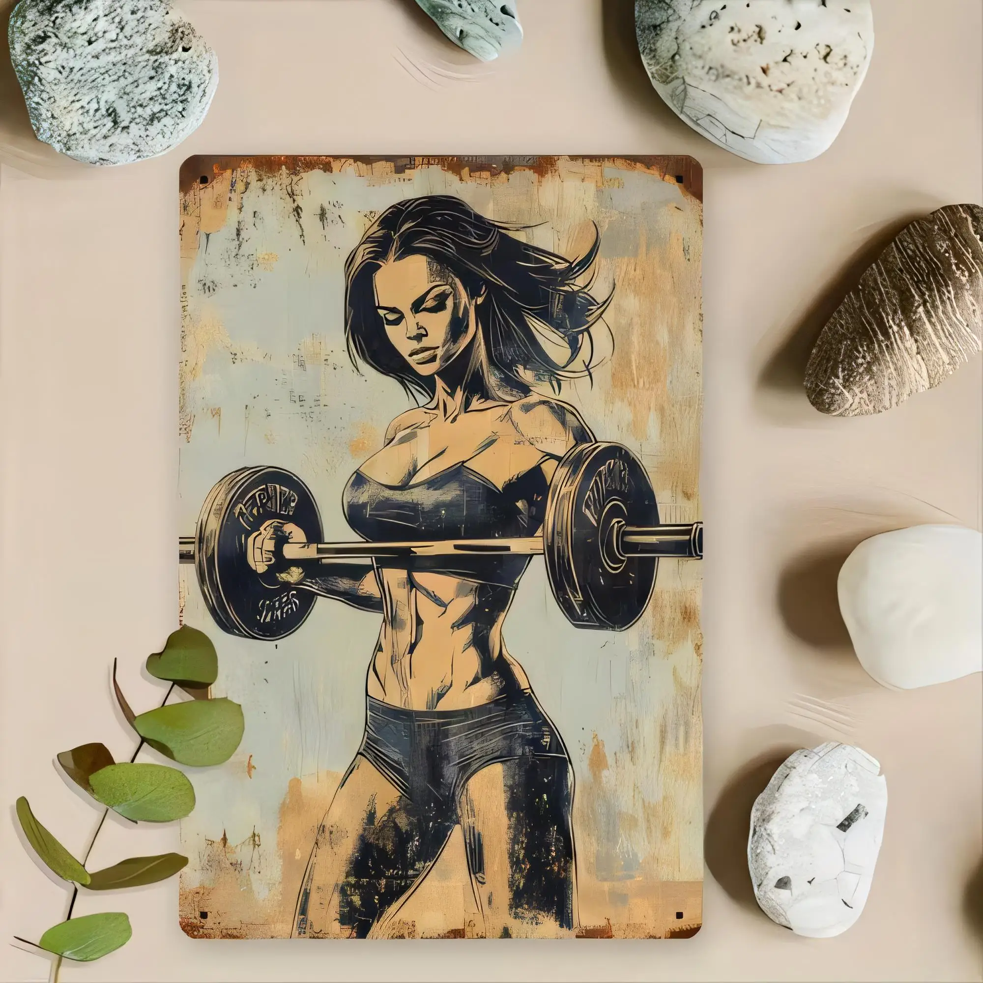 Tin Sign Vintage Gym Fitness Girl Lifting Barbell Poster Metal Wall Decor for Home Garage Man Cave Gym Room   Retro Rust Style I
