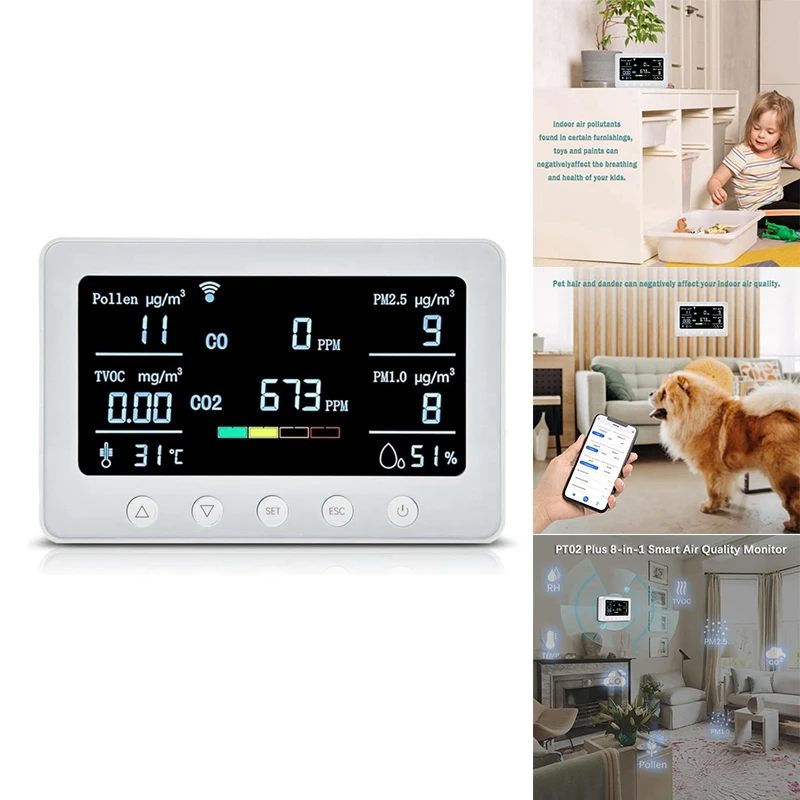 

EU Plug, Wi-Fi Air Quality Monitor Detects Pollen/TVOC/CO/CO2/PM2.5/1.0/Temp/RH, Iot Controller, RS485 Data Logger Easy To Use