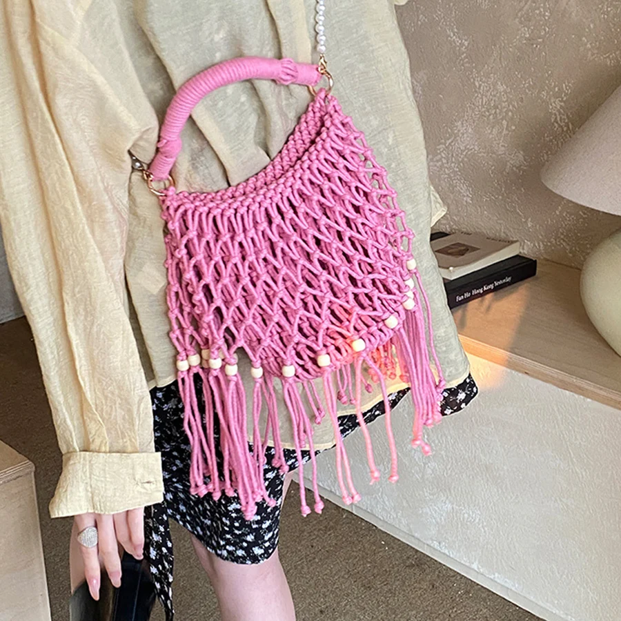 

Fashion Woven Beaded Hollow Out Shoulder Bags Summer Crossbody Beach Travel Boho Handbag Female Tassel Women Shopping Bags Bolsa