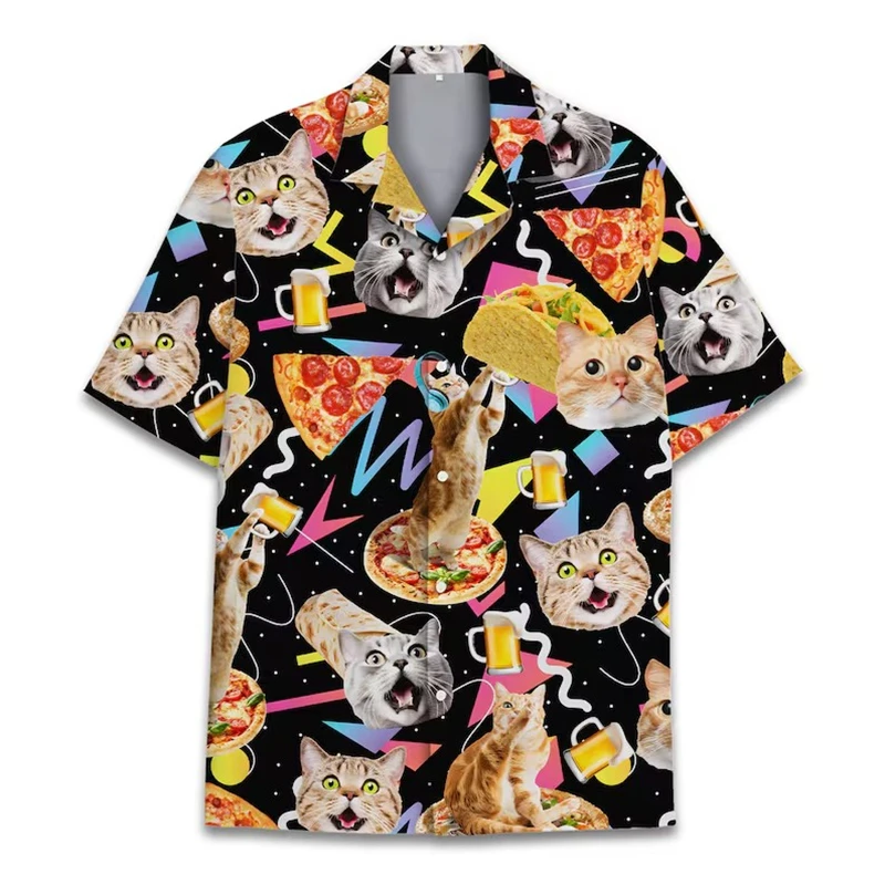 Funny Hawaiian Shirt For Men 3d Music Cat Print Beach Sweatshirt Street Designer Short Sleeved Shirt High Quality Men\'s Clothing