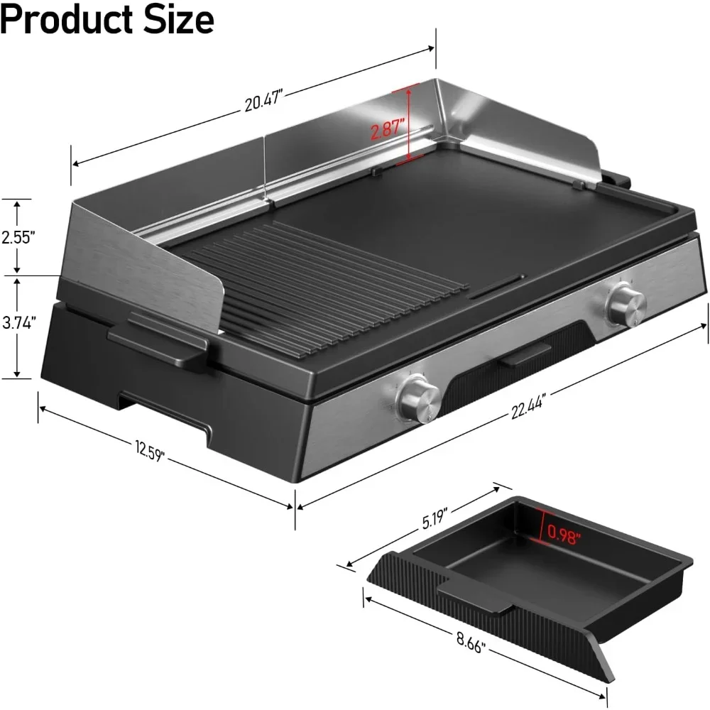 Electric Griddle with Adjustable Temperature 104°F-464°F, 2 Independent Cooking Zones, 1600W Non-Stick Steak Grill