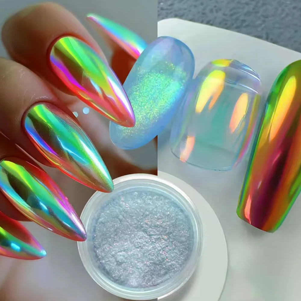 1 pot arc-en-ciel Aurora Chrome ongles paillettes poudre clair miroir effet coucher de soleil néon caméléon poudre à ongles pour manucure frottant la poussière