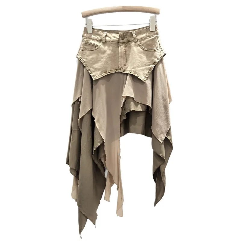 Skirts Women Asymmetrical Sexy Skirt Rivet Ruffles Patchwork Distressed Spring Summer 2026 Streetwear Female Vintage A Line