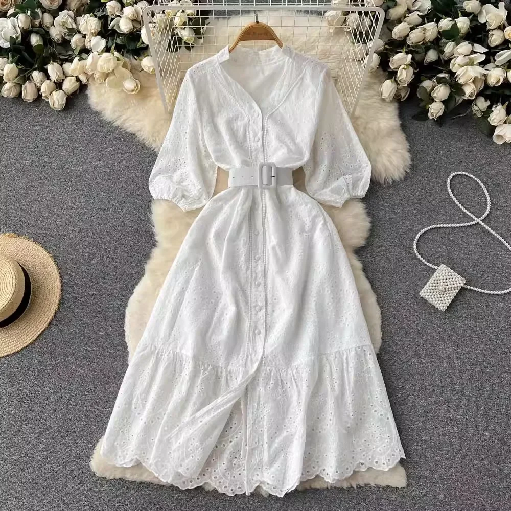 Women Summer White Half Lantern Sleeve V Neck Embroidery Lace Long Dress Elegant Single-breasted Belted Boho Dresses Vestidos