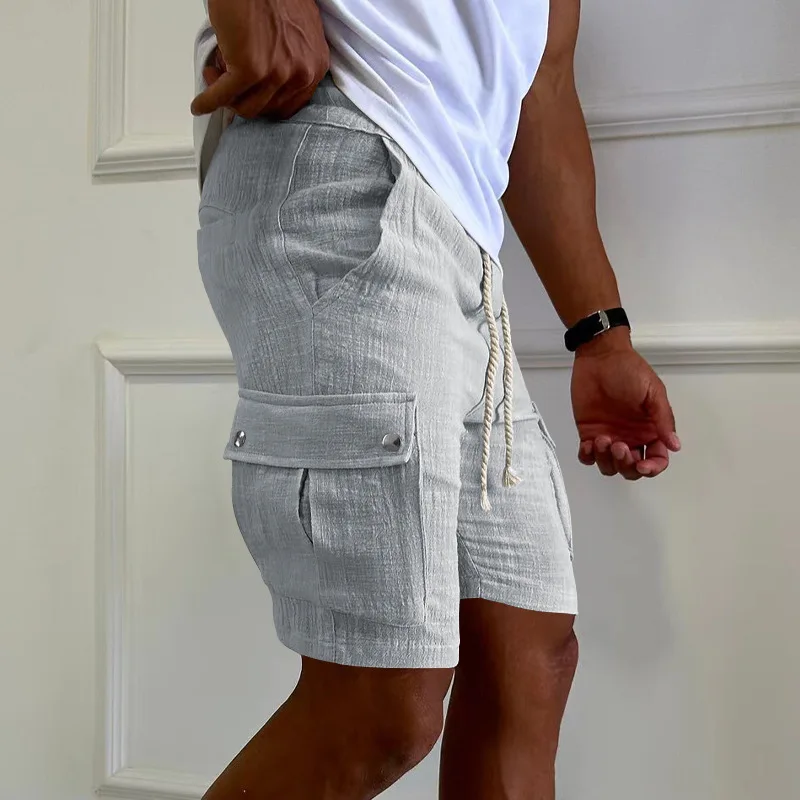 Summer Men\'s Casual Shorts Breathable Linen Cargo Shorts Solid Color Loose Multi-pocket Beach Travel Running Home Shorts