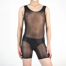 Men's Sexy Bodysuit Erotic Underwear Oil Shiny Glossy Sheer Tights High Elastic Transparent Pantyhose See-Through Underwear