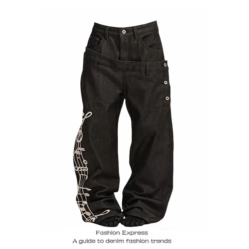 ZHIZOU Women Gothic Y2k Black Washed Jeans Vintage 2000s High Street Grunge American Style Baggy Stamp Wide Leg Denim Pants