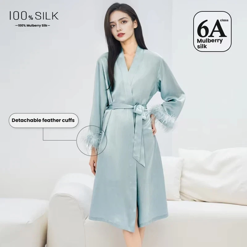 19 MM100% Mulberry Silk Robe Women Detachable Feather Cuffs Luxury Kimono Bathrobe Elegant Feather Trim Sleepwear Morning Gown