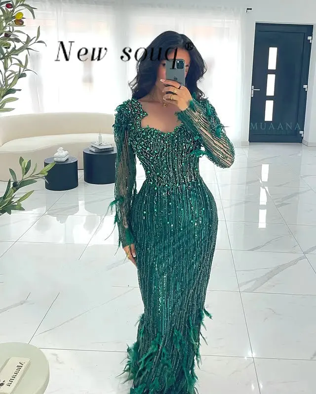 

Элегантные зеленые вечерние платья-русалки с длинными рукавами и перьями, индивидуальный пошив, украшенные арабскими жемчужинами, для официальных мероприятий, свадеб, выпускных вечеров