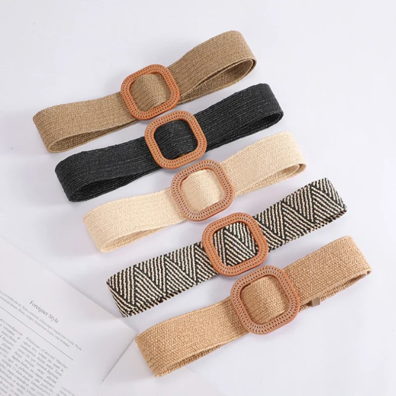 Fashionable Cotton-Linen Vacation-Style Straw Belt Versatile Minimalist Niche Women’s Leather Belt with Square Buckle