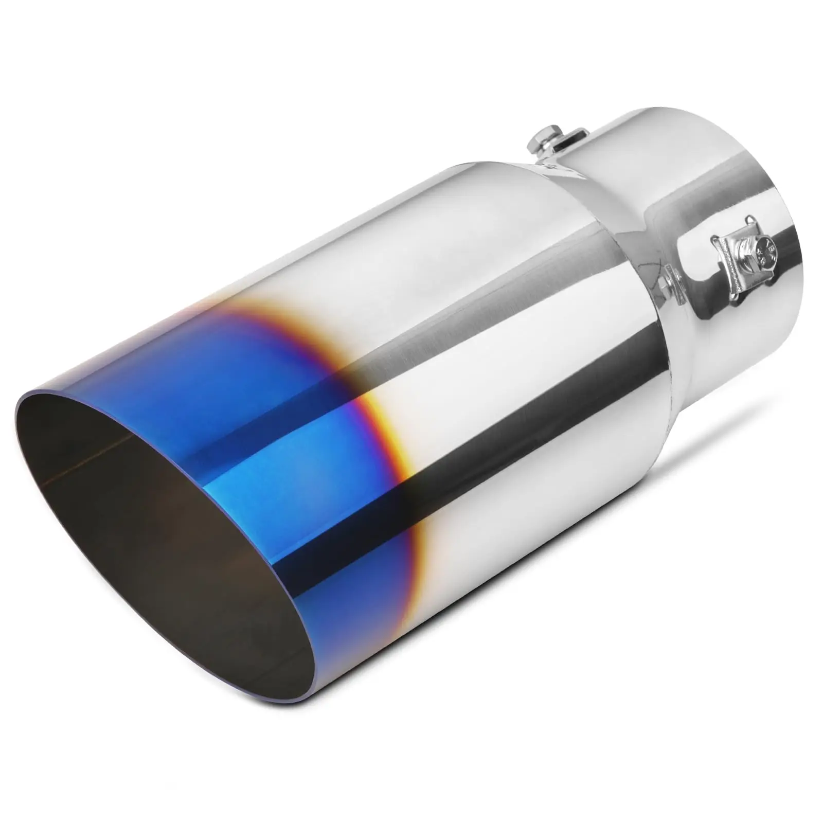 

Blue-Tinted Heat-Discolored Stainless Steel Exhaust Tip, 1.5–2.5 Inch Inlet, 4 Inch Outlet, 9 Inch Length, Clamp-On Fit