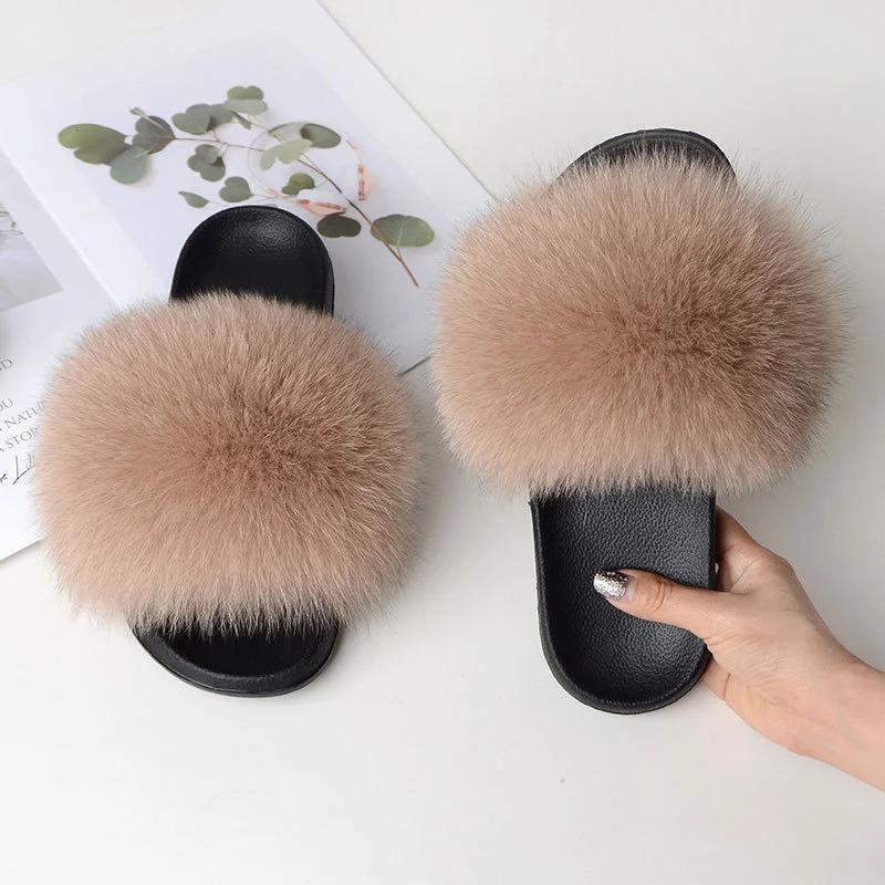 Fur Slippers For Women Summer Fluffy Comfortable Natural Plush Fox Fur Slides Flat Sandals High Quality House Shoes Flip Flops